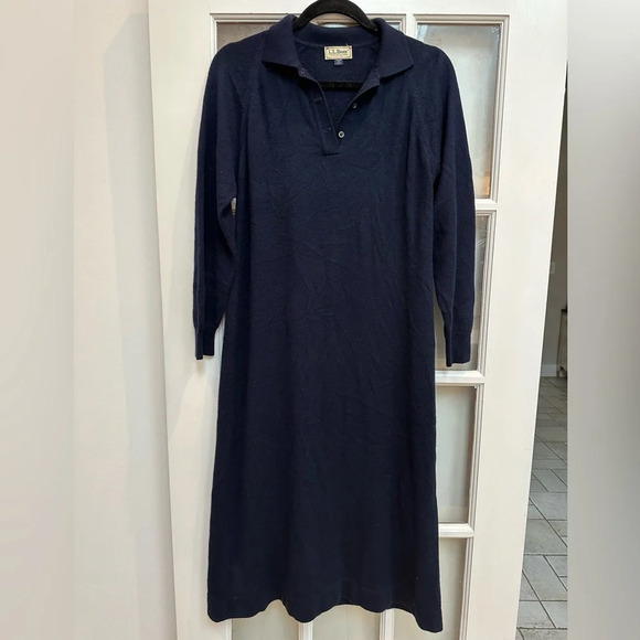 Vintage L.L. Bean Navy Long Sleeve Midi Dress Orlan Wool Blend Size Medium M - Picture 1 of 9